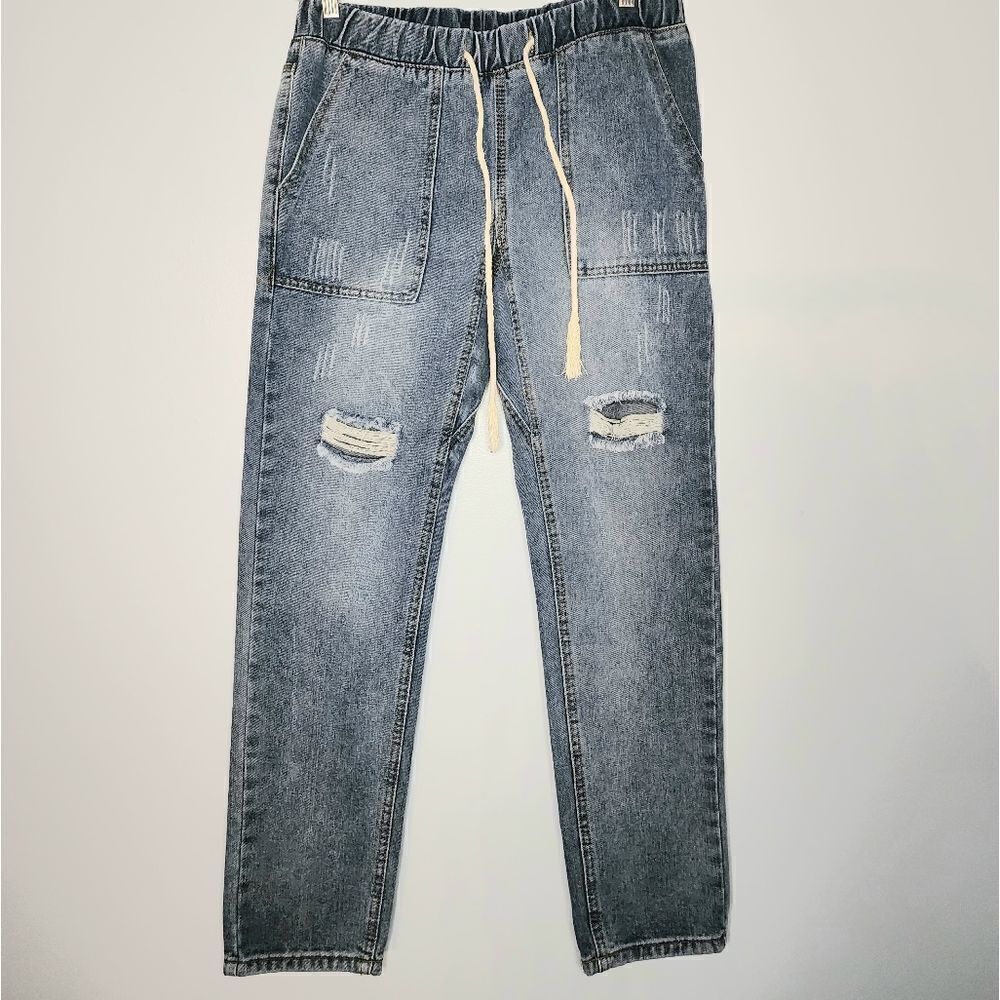 Women Loose Jeans Denim Pants Relaxed Drawstring Ripped Trouser size medium